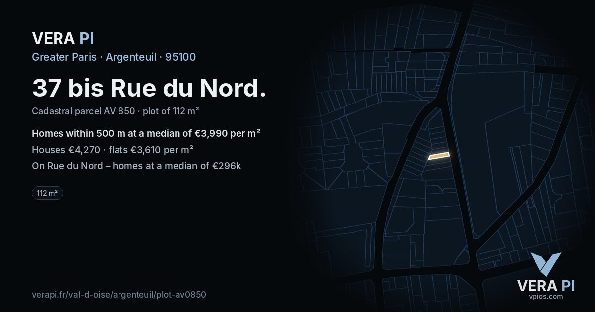 37 bis Rue du Nord, Argenteuil at night – the plot lit, the parcels around coloured by the prices near them