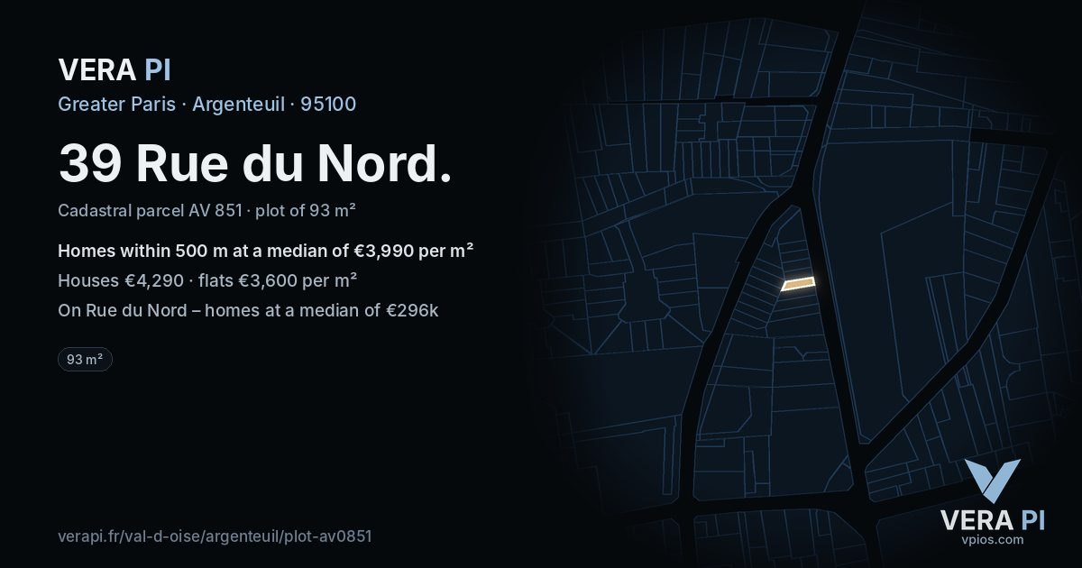 39 Rue du Nord, Argenteuil at night – the plot lit, the parcels around coloured by the prices near them