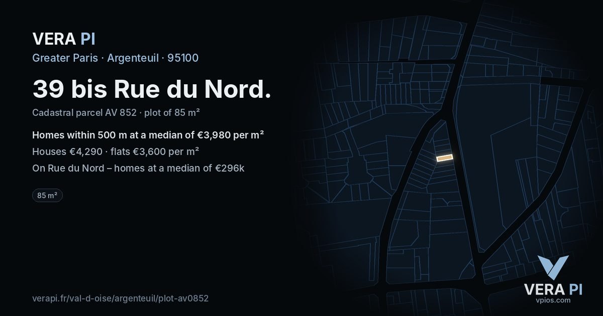 39 bis Rue du Nord, Argenteuil at night – the plot lit, the parcels around coloured by the prices near them