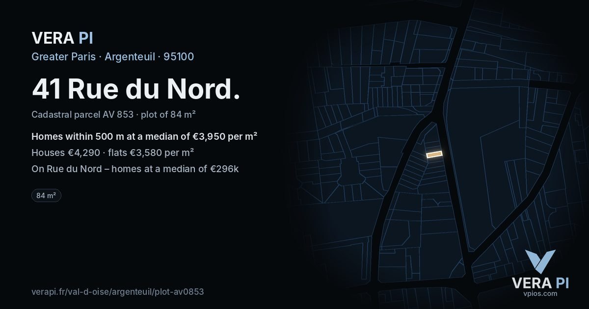 41 Rue du Nord, Argenteuil at night – the plot lit, the parcels around coloured by the prices near them
