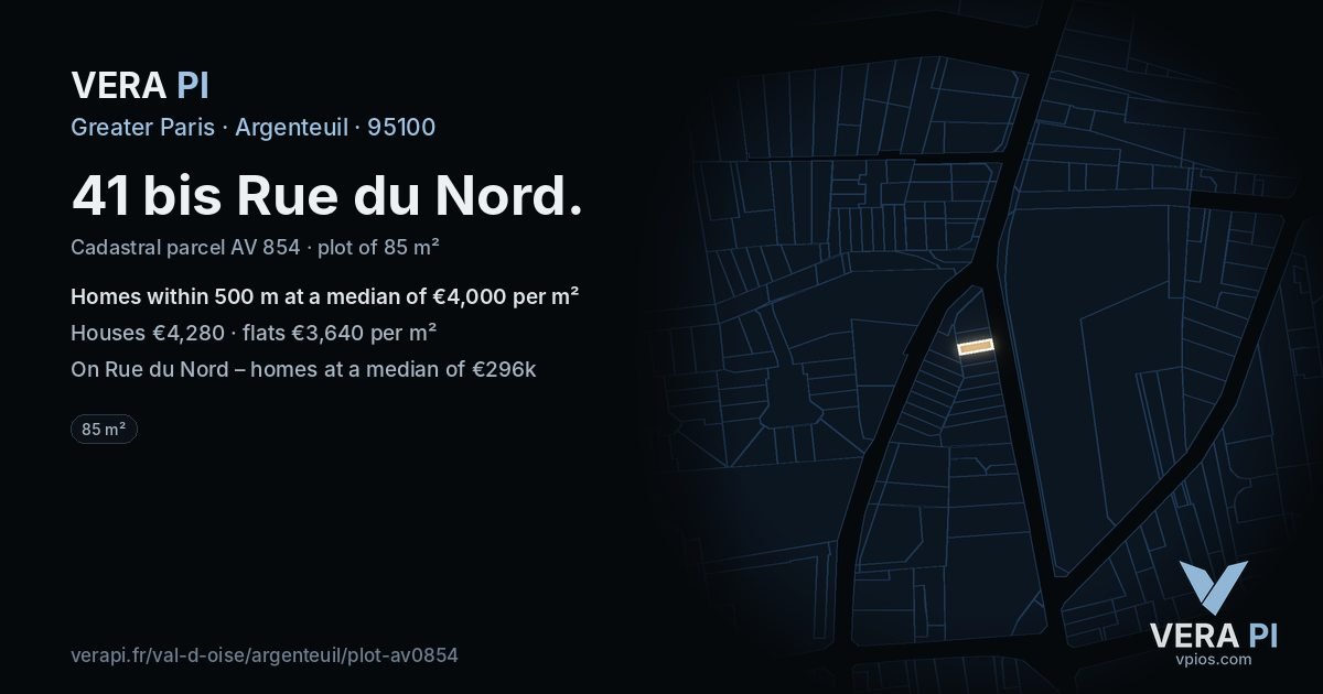 41 bis Rue du Nord, Argenteuil at night – the plot lit, the parcels around coloured by the prices near them