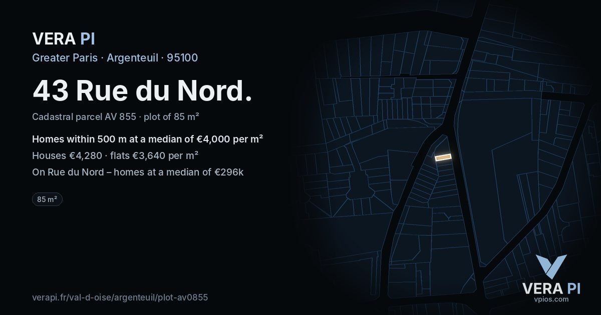 43 Rue du Nord, Argenteuil at night – the plot lit, the parcels around coloured by the prices near them