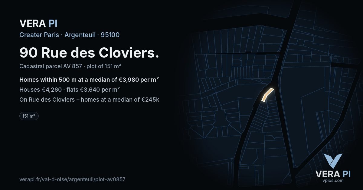 90 Rue des Cloviers, Argenteuil at night – the plot lit, the parcels around coloured by the prices near them