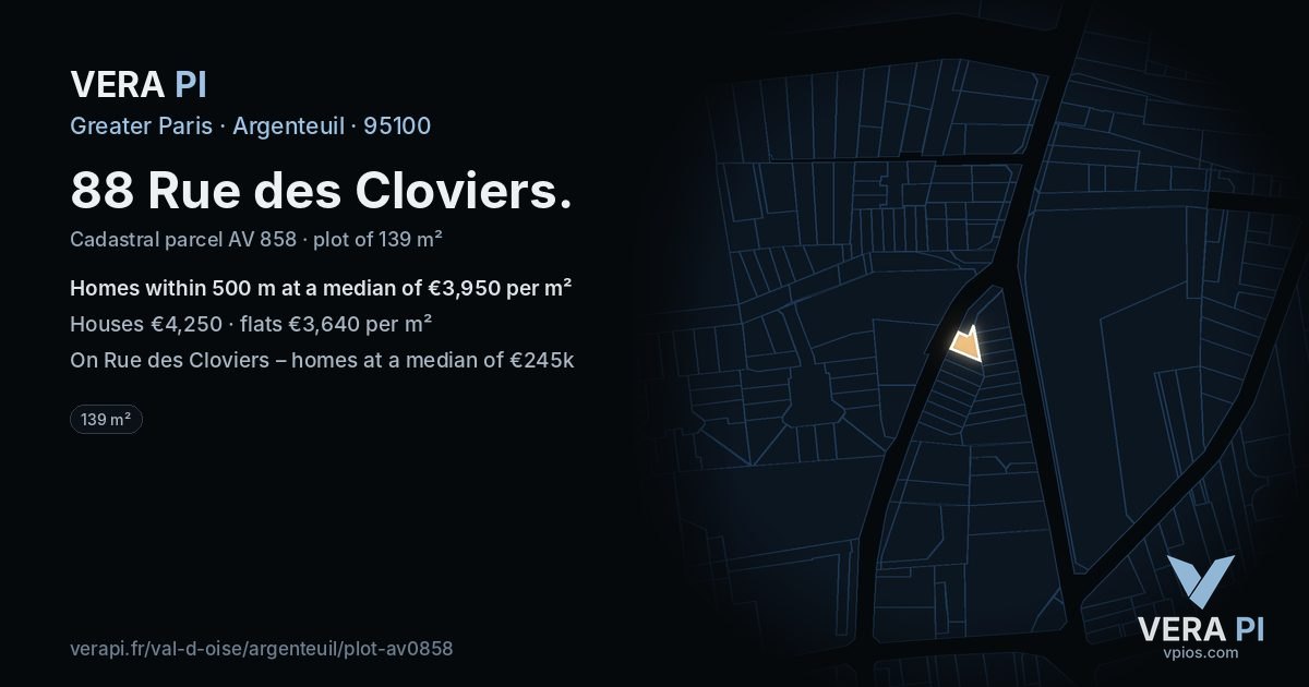 88 Rue des Cloviers, Argenteuil at night – the plot lit, the parcels around coloured by the prices near them