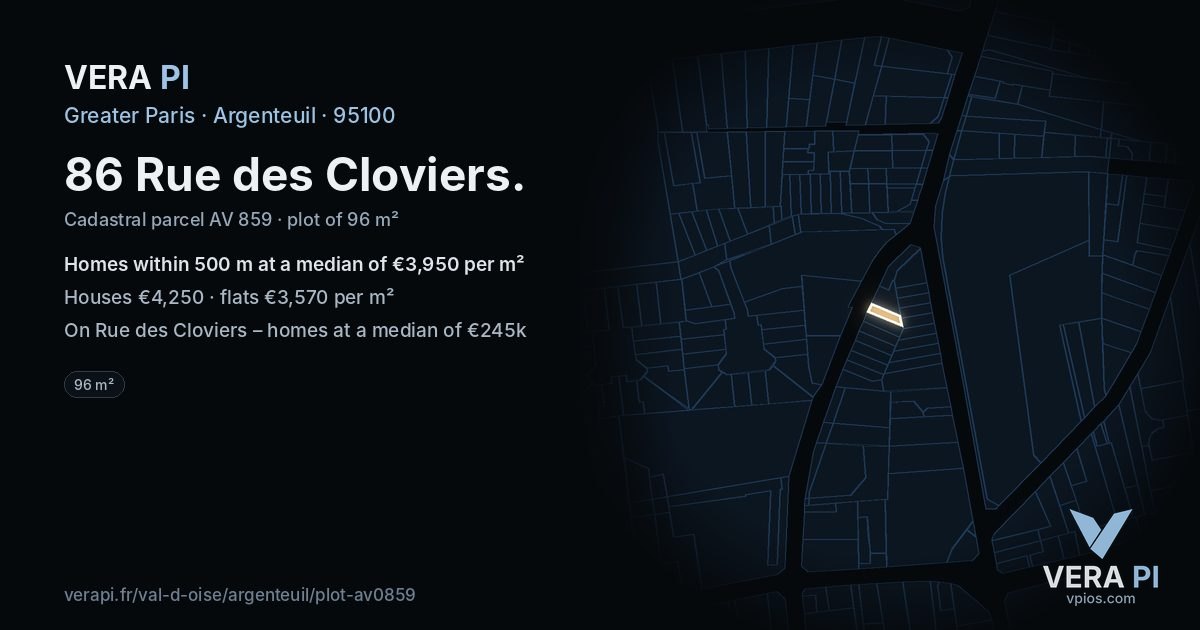 86 Rue des Cloviers, Argenteuil at night – the plot lit, the parcels around coloured by the prices near them