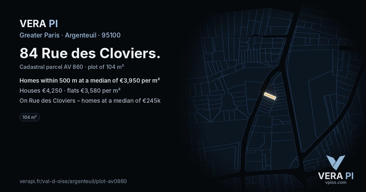 84 Rue des Cloviers, Argenteuil at night – the plot lit, the parcels around coloured by the prices near them