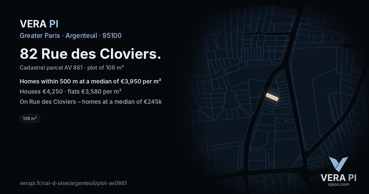 82 Rue des Cloviers, Argenteuil at night – the plot lit, the parcels around coloured by the prices near them