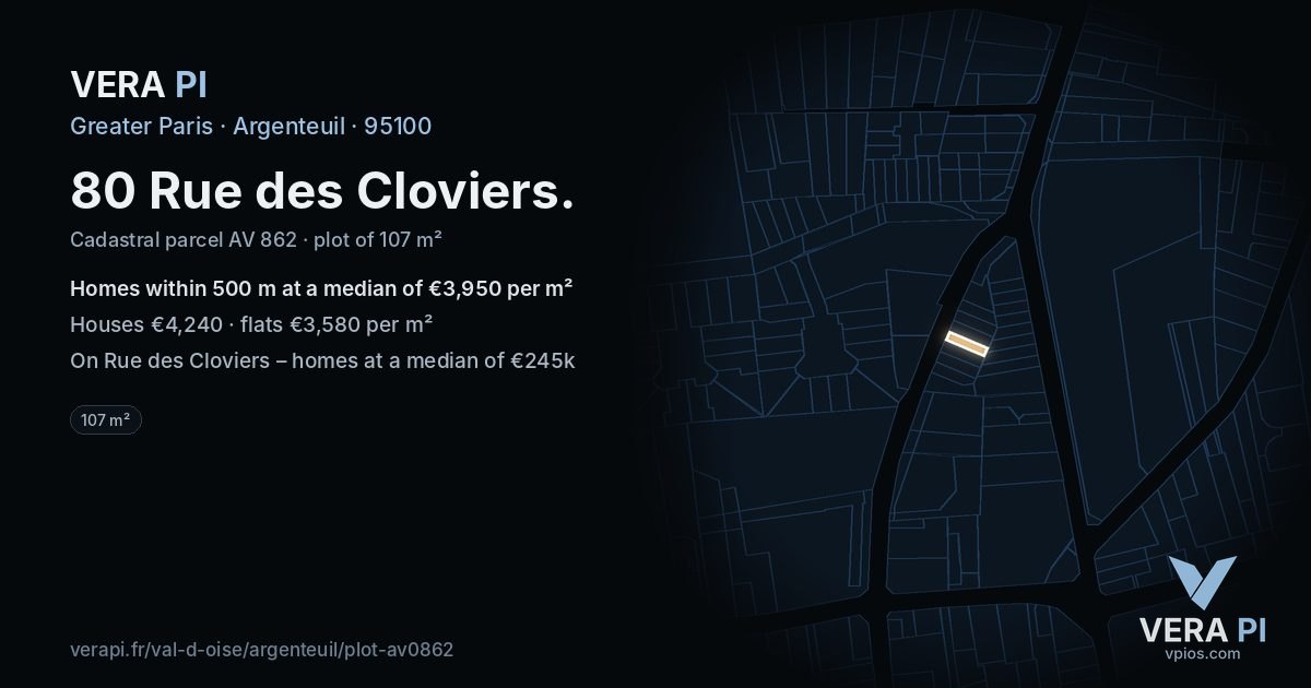 80 Rue des Cloviers, Argenteuil at night – the plot lit, the parcels around coloured by the prices near them