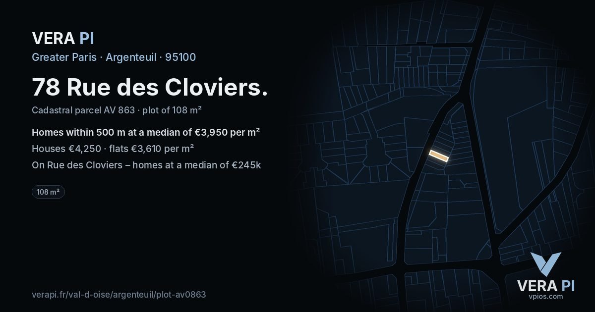 78 Rue des Cloviers, Argenteuil at night – the plot lit, the parcels around coloured by the prices near them