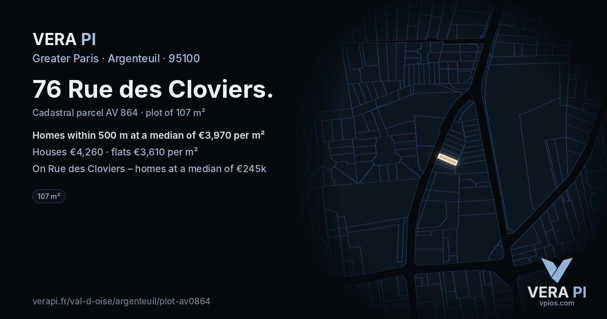 76 Rue des Cloviers, Argenteuil at night – the plot lit, the parcels around coloured by the prices near them