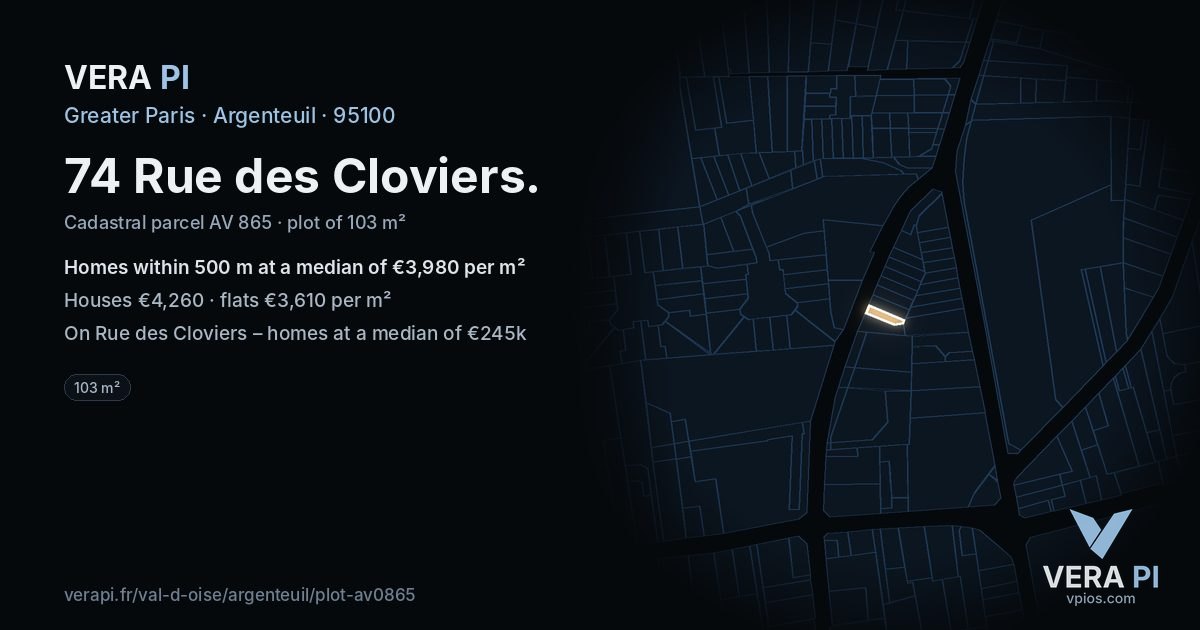 74 Rue des Cloviers, Argenteuil at night – the plot lit, the parcels around coloured by the prices near them