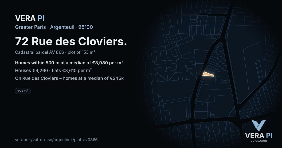 72 Rue des Cloviers, Argenteuil at night – the plot lit, the parcels around coloured by the prices near them