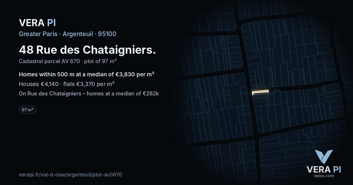 48 Rue des Chataigniers, Argenteuil at night – the plot lit, the parcels around coloured by the prices near them