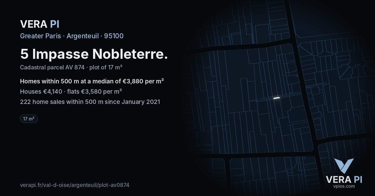 5 Impasse Nobleterre, Argenteuil at night – the plot lit, the parcels around coloured by the prices near them
