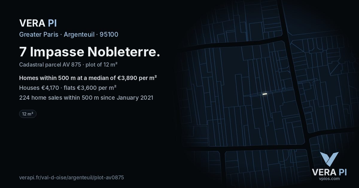 7 Impasse Nobleterre, Argenteuil at night – the plot lit, the parcels around coloured by the prices near them