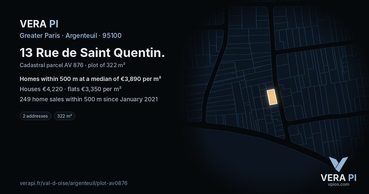 13 Rue de Saint Quentin, Argenteuil at night – the plot lit, the parcels around coloured by the prices near them