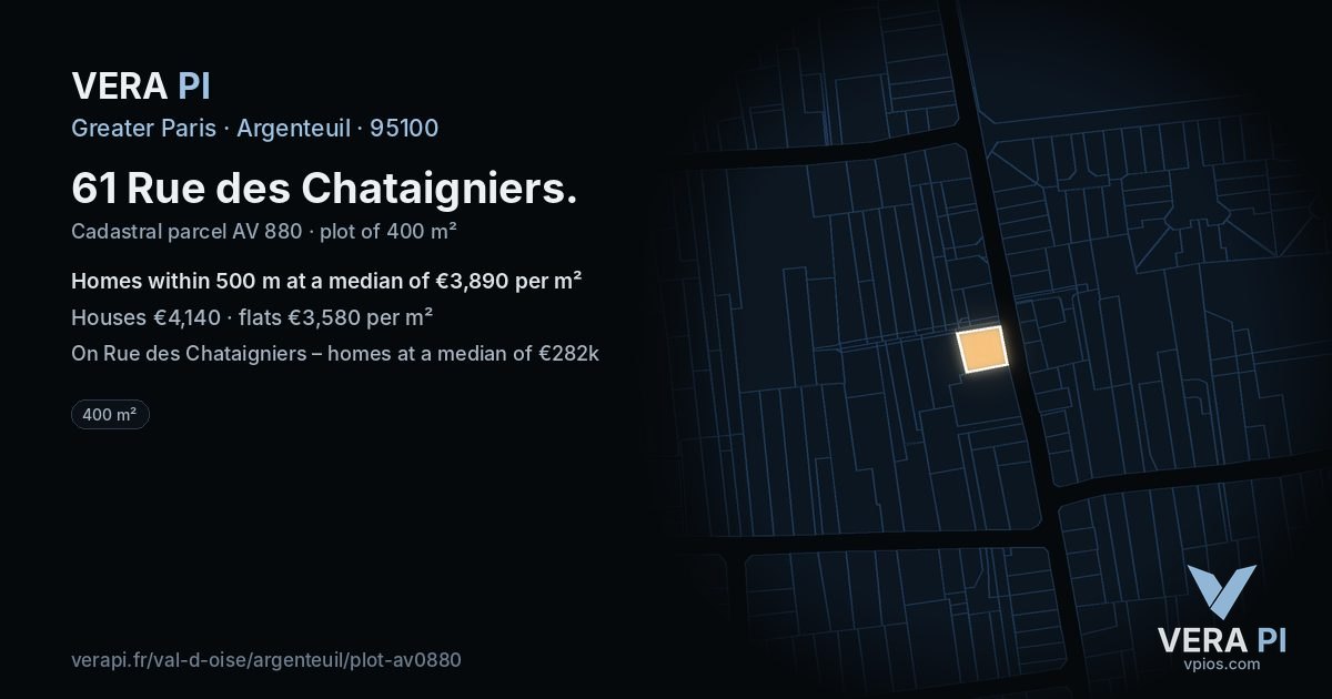 61 Rue des Chataigniers, Argenteuil at night – the plot lit, the parcels around coloured by the prices near them