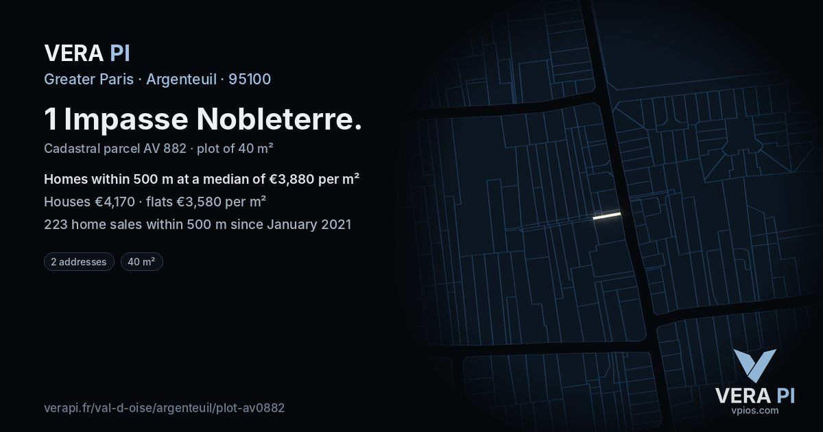 1 Impasse Nobleterre, Argenteuil at night – the plot lit, the parcels around coloured by the prices near them