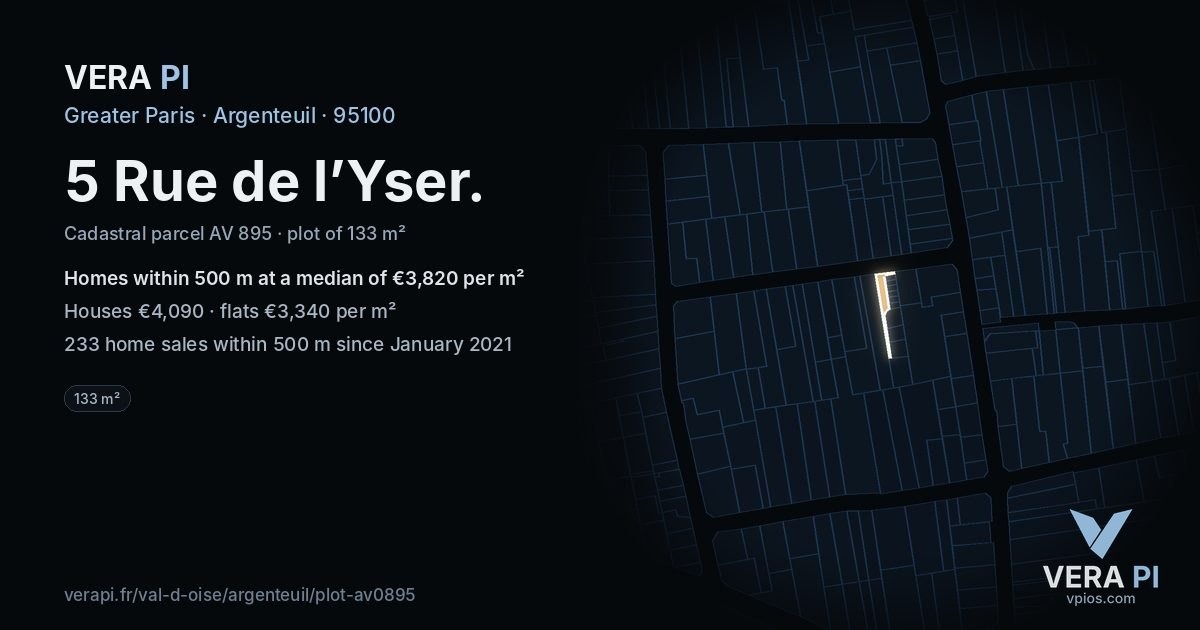 5 Rue de l’Yser, Argenteuil at night – the plot lit, the parcels around coloured by the prices near them