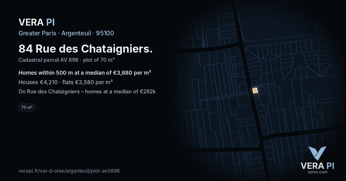 84 Rue des Chataigniers, Argenteuil at night – the plot lit, the parcels around coloured by the prices near them