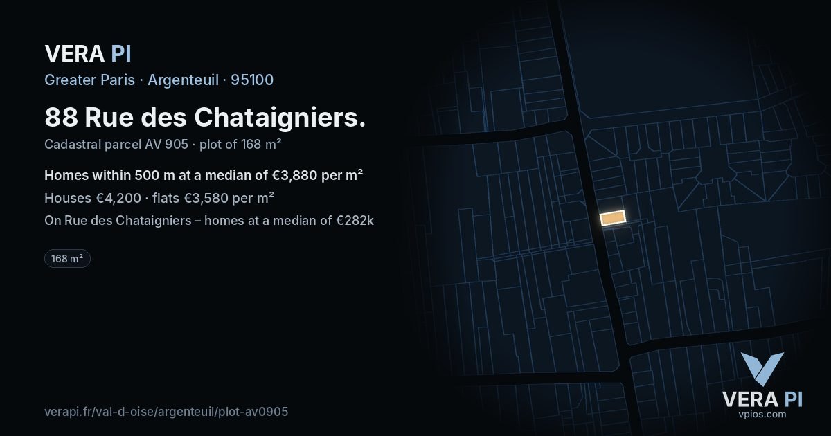 88 Rue des Chataigniers, Argenteuil at night – the plot lit, the parcels around coloured by the prices near them