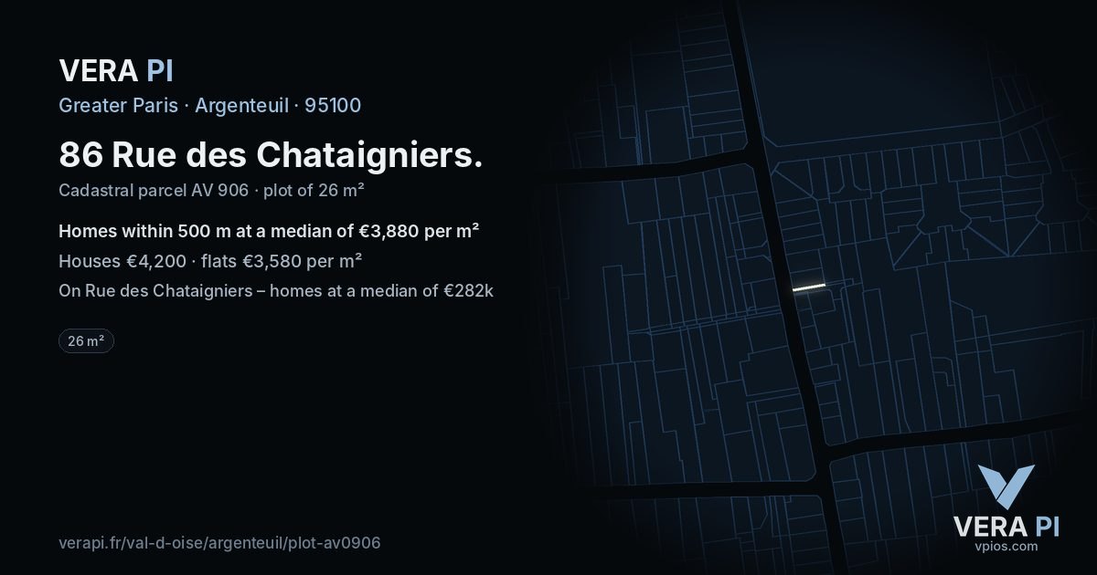 86 Rue des Chataigniers, Argenteuil at night – the plot lit, the parcels around coloured by the prices near them