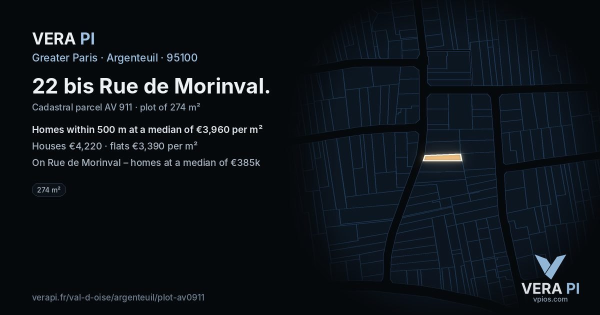 22 bis Rue de Morinval, Argenteuil at night – the plot lit, the parcels around coloured by the prices near them