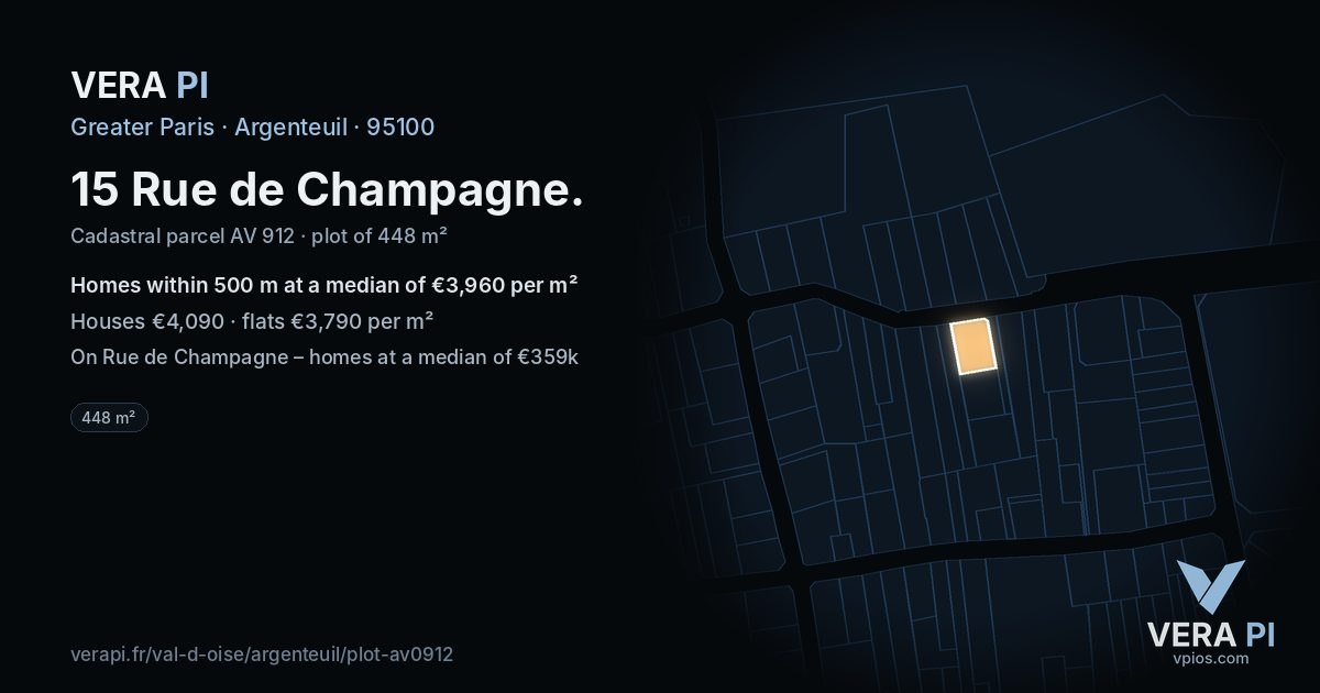 15 Rue de Champagne, Argenteuil at night – the plot lit, the parcels around coloured by the prices near them