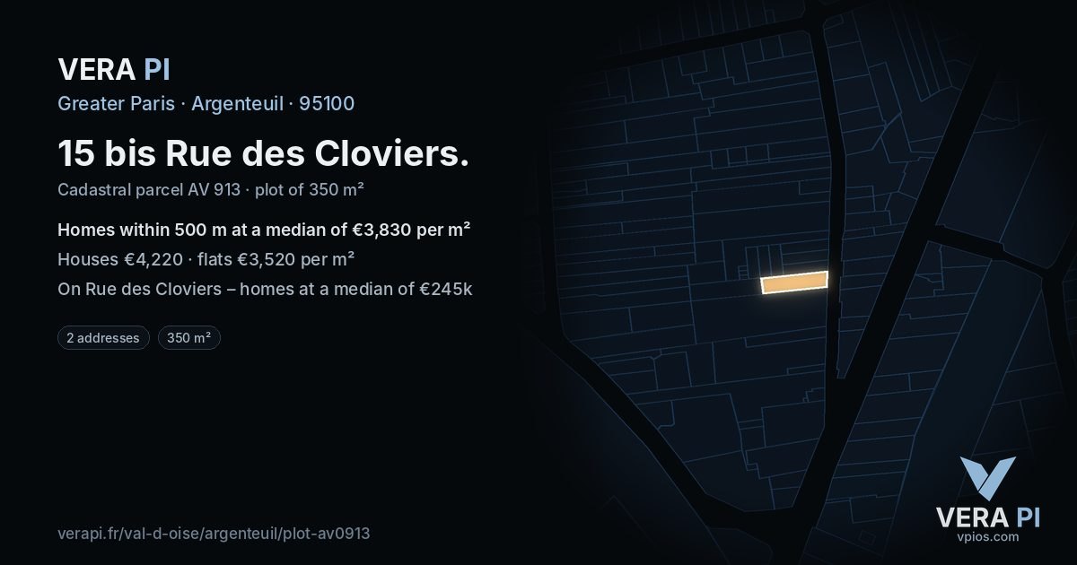 15 bis Rue des Cloviers, Argenteuil at night – the plot lit, the parcels around coloured by the prices near them