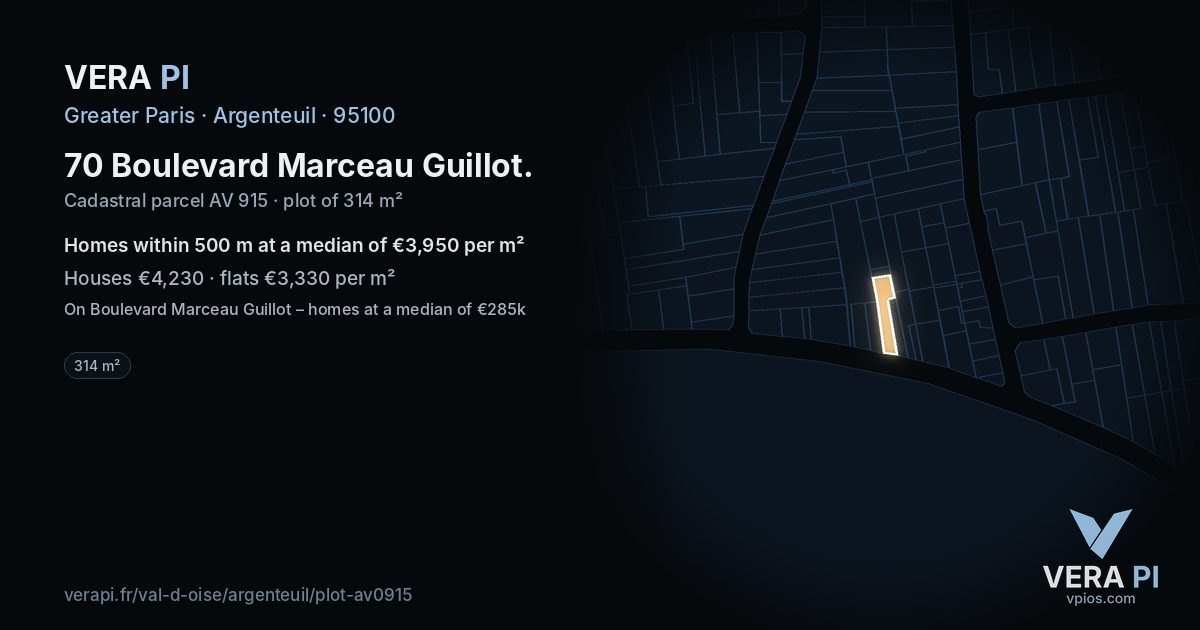 70 Boulevard Marceau Guillot, Argenteuil at night – the plot lit, the parcels around coloured by the prices near them