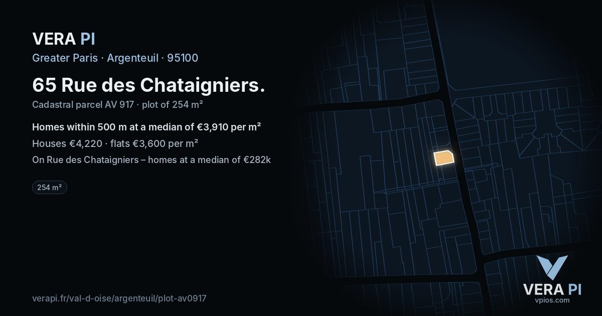 65 Rue des Chataigniers, Argenteuil at night – the plot lit, the parcels around coloured by the prices near them