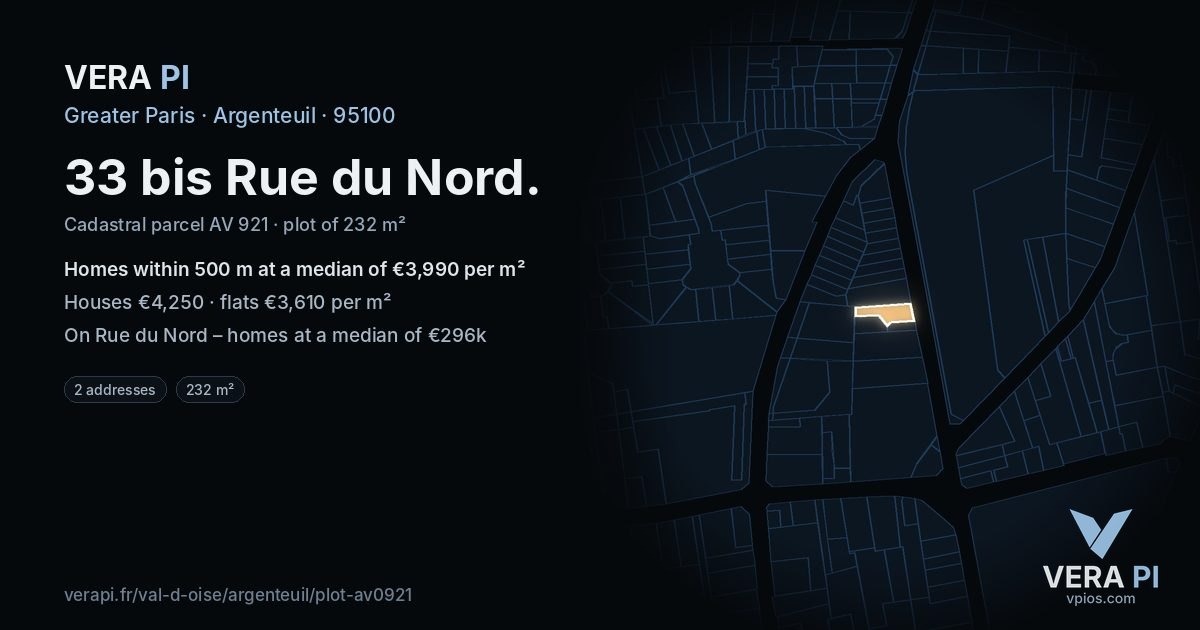 33 bis Rue du Nord, Argenteuil at night – the plot lit, the parcels around coloured by the prices near them