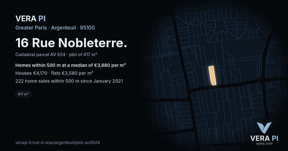 16 Rue Nobleterre, Argenteuil at night – the plot lit, the parcels around coloured by the prices near them