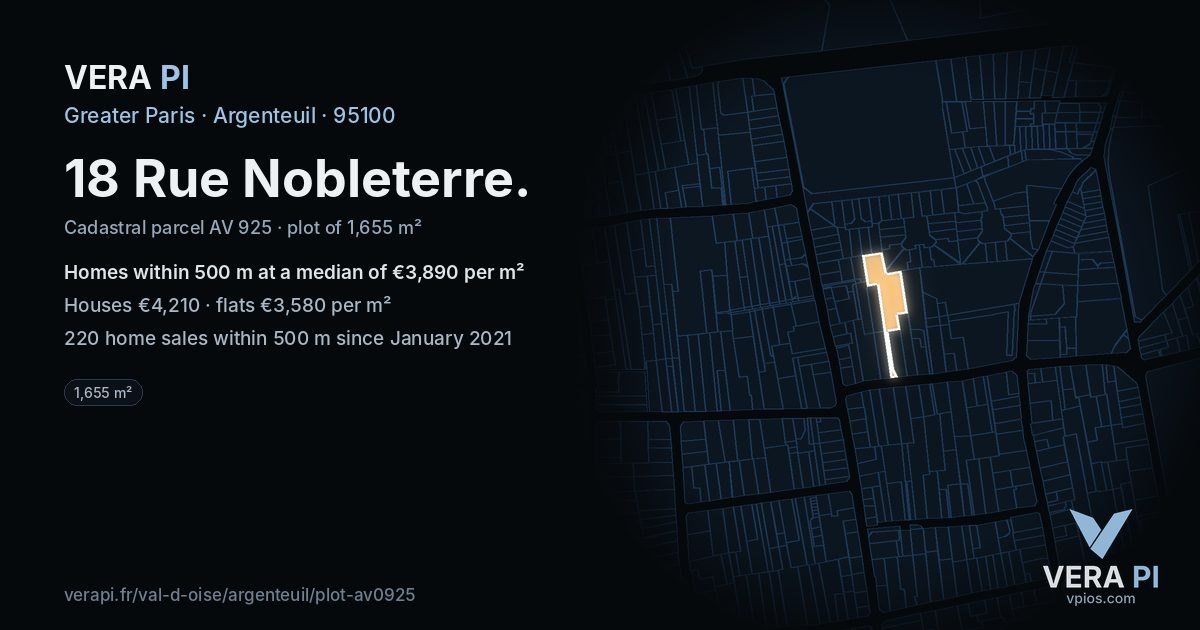 18 Rue Nobleterre, Argenteuil at night – the plot lit, the parcels around coloured by the prices near them