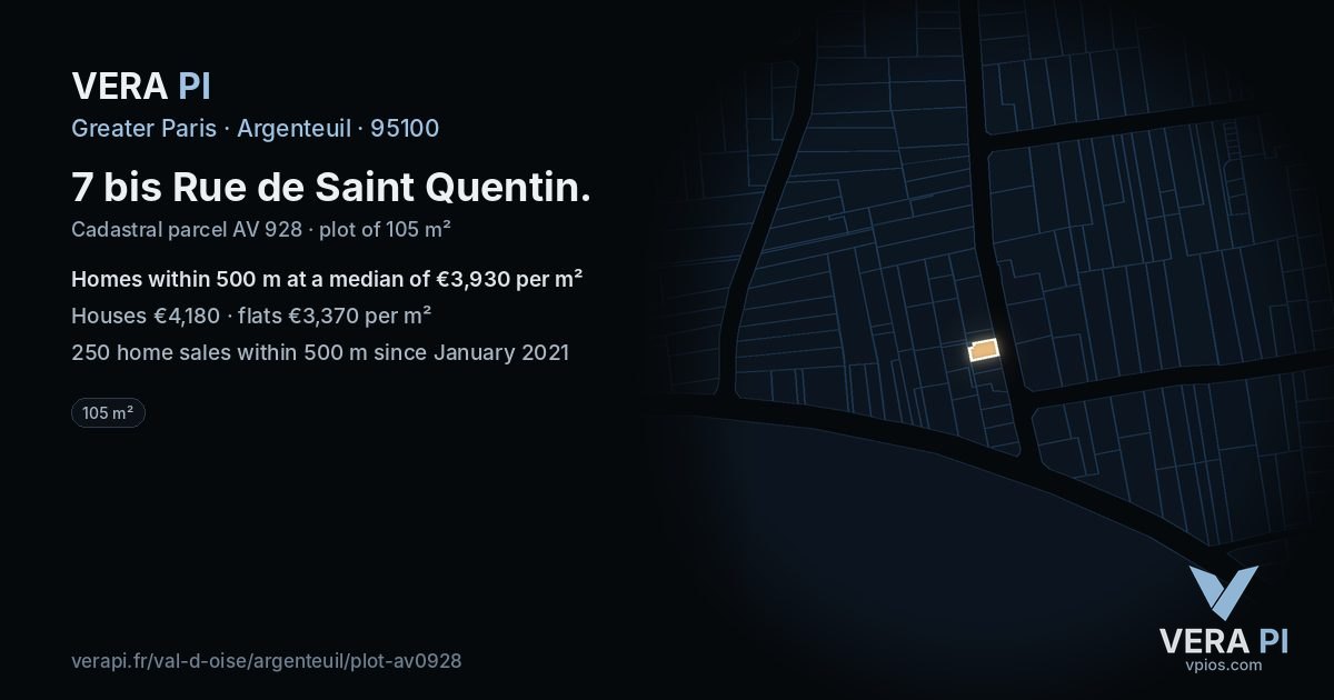 7 bis Rue de Saint Quentin, Argenteuil at night – the plot lit, the parcels around coloured by the prices near them