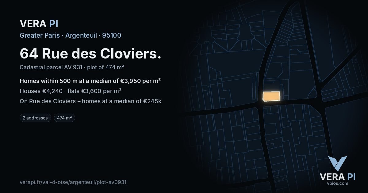64 Rue des Cloviers, Argenteuil at night – the plot lit, the parcels around coloured by the prices near them