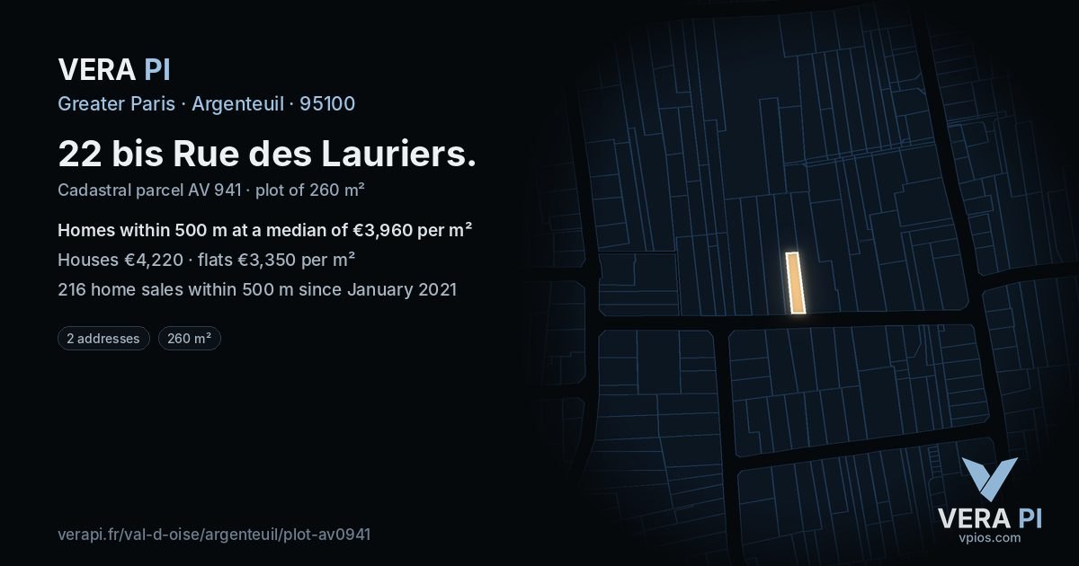 22 bis Rue des Lauriers, Argenteuil at night – the plot lit, the parcels around coloured by the prices near them
