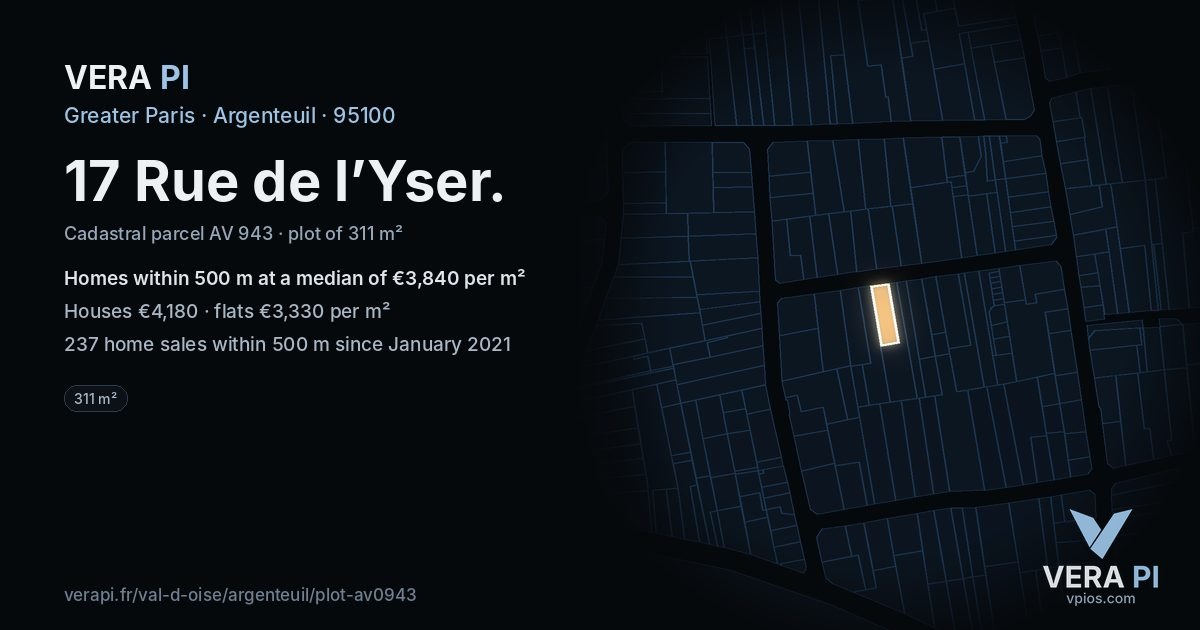17 Rue de l’Yser, Argenteuil at night – the plot lit, the parcels around coloured by the prices near them