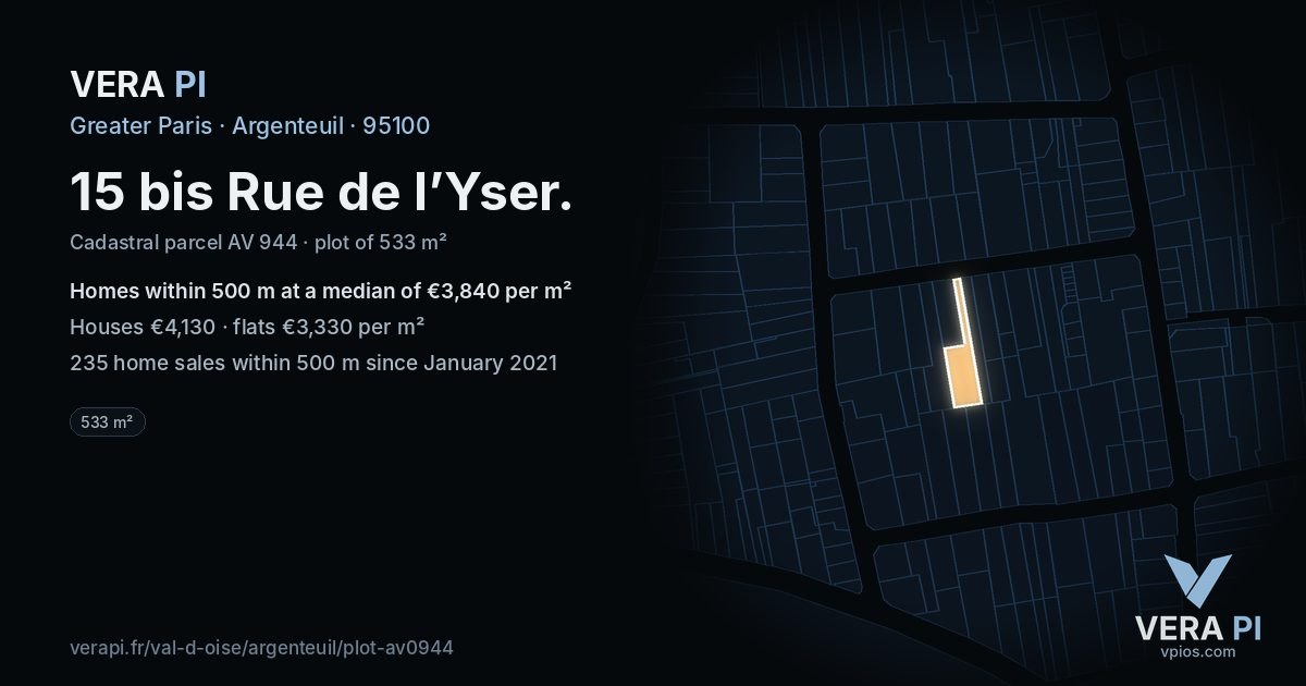15 bis Rue de l’Yser, Argenteuil at night – the plot lit, the parcels around coloured by the prices near them