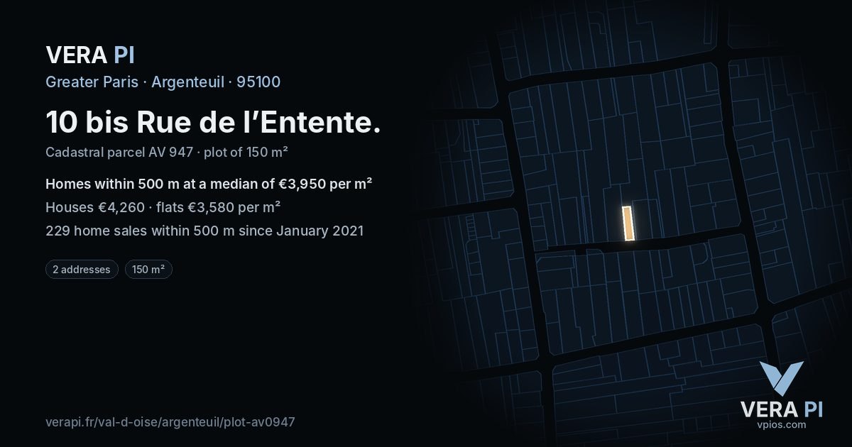 10 bis Rue de l’Entente, Argenteuil at night – the plot lit, the parcels around coloured by the prices near them