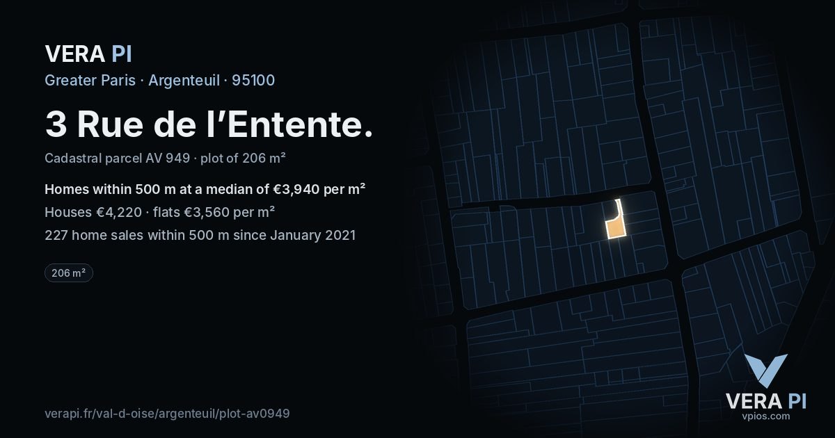 3 Rue de l’Entente, Argenteuil at night – the plot lit, the parcels around coloured by the prices near them