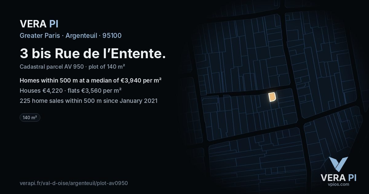 3 bis Rue de l’Entente, Argenteuil at night – the plot lit, the parcels around coloured by the prices near them