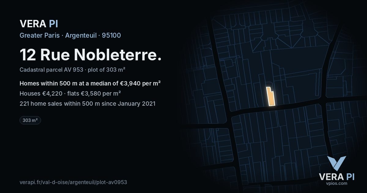 12 Rue Nobleterre, Argenteuil at night – the plot lit, the parcels around coloured by the prices near them