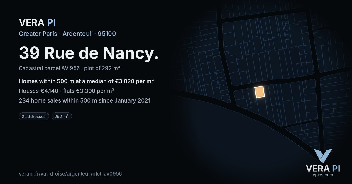 39 Rue de Nancy, Argenteuil at night – the plot lit, the parcels around coloured by the prices near them