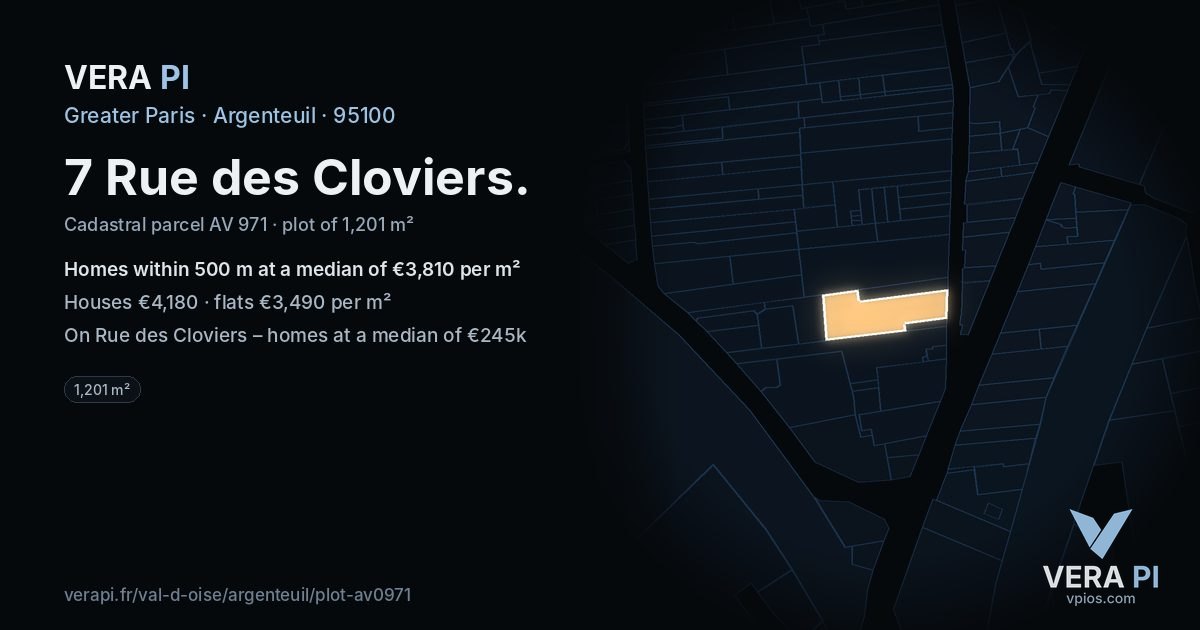 7 Rue des Cloviers, Argenteuil at night – the plot lit, the parcels around coloured by the prices near them