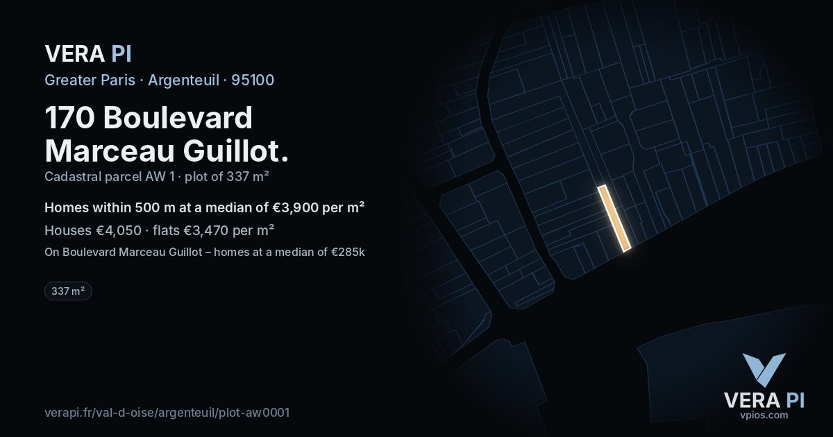 170 Boulevard Marceau Guillot, Argenteuil at night – the plot lit, the parcels around coloured by the prices near them