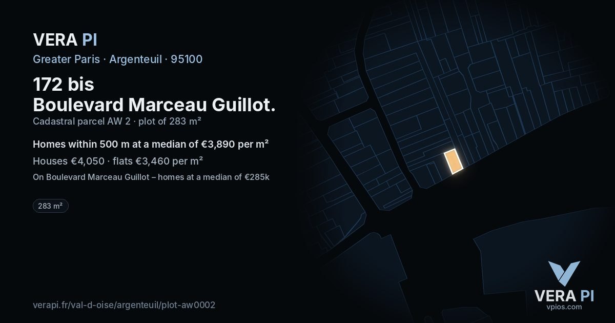 172 bis Boulevard Marceau Guillot, Argenteuil at night – the plot lit, the parcels around coloured by the prices near them