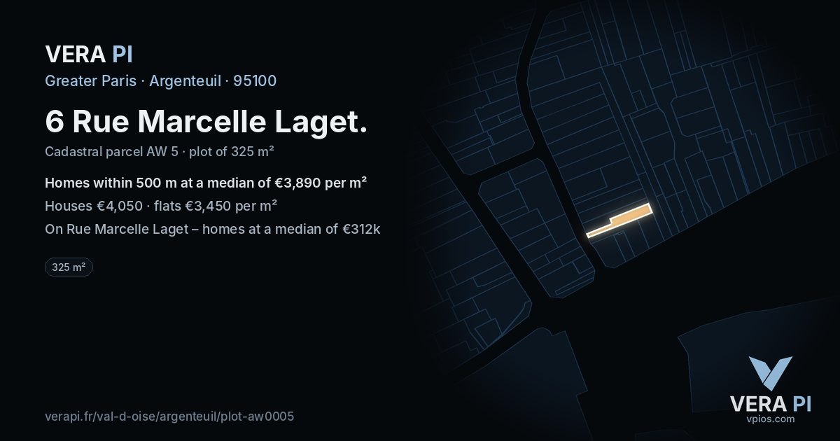 6 Rue Marcelle Laget, Argenteuil at night – the plot lit, the parcels around coloured by the prices near them