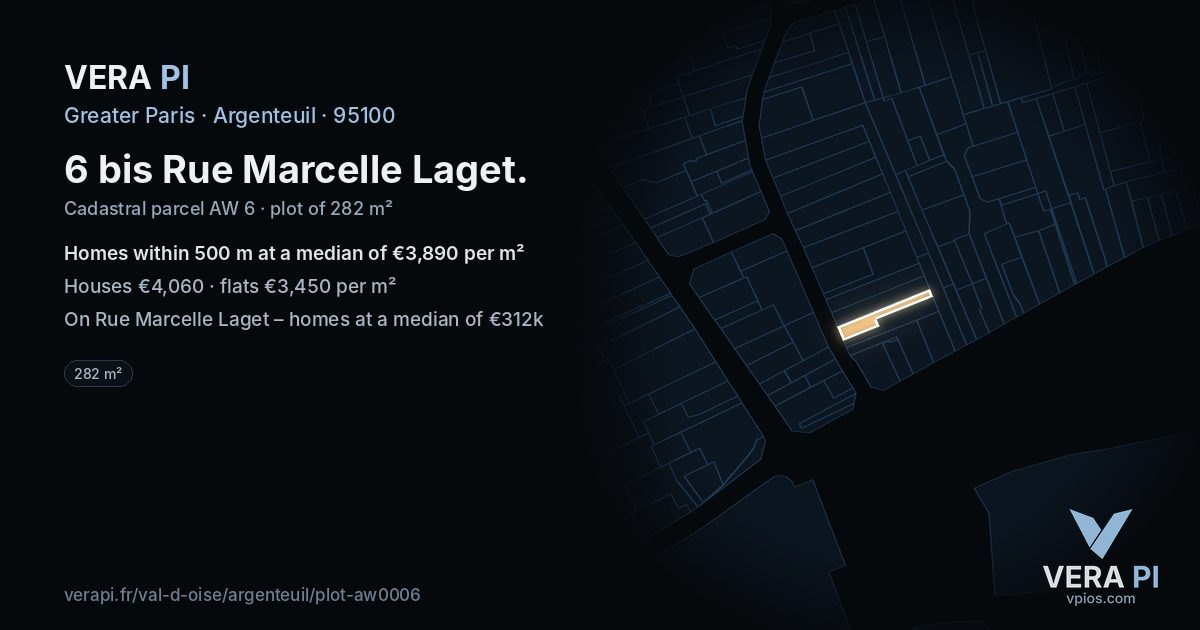 6 bis Rue Marcelle Laget, Argenteuil at night – the plot lit, the parcels around coloured by the prices near them