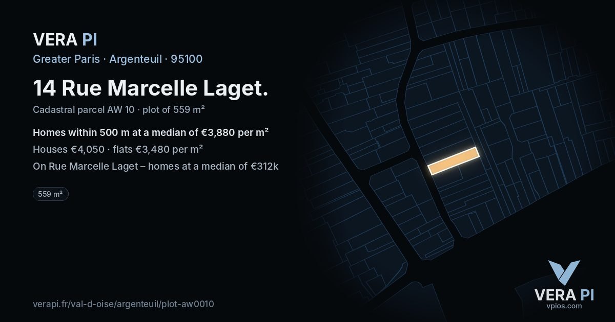 14 Rue Marcelle Laget, Argenteuil at night – the plot lit, the parcels around coloured by the prices near them